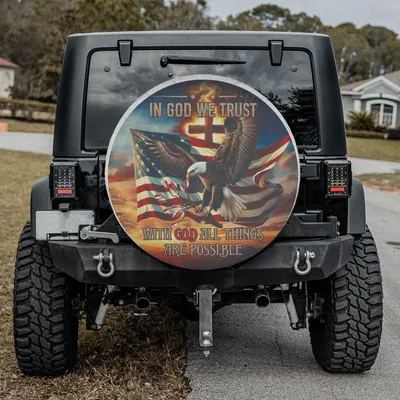 In God We Trust Spare Tire Cover, Eagle Us Flag Cross Quote Graphic, Patriotic Christian Wheel Protector, Religious Accessory Spare Tire Cover