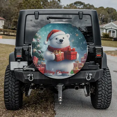 Merry Christmas Polar Bear Spare Tire Cover, Santa Hat Gifts Snow Graphic, Cute Holiday Season Wheel Protector, Winter Accessory Spare Tire Cover