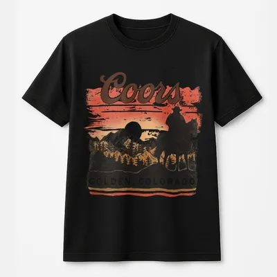 Coors Banquet T-Shirt, Classic Western Design Featuring A Cowboy And Mountain Landscape, Perfect For Fans Of Coors And The Spirit