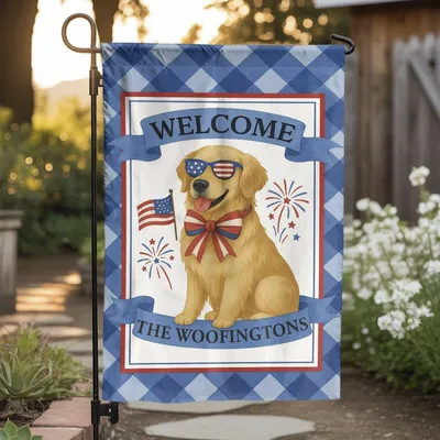 Patriotic Dog Garden Flag, Welcome Woofingtons Yard Decor, 4th Of July Golden Retriever Sign, Funny Usa Dog Outdoor Decoration Vertical Garden Flag