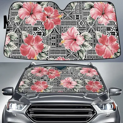 Red Hawaiian Hibiscus Flower Over Black White Tribal Pattern Car Sun Shades Cover Auto Windshield PrintSyde