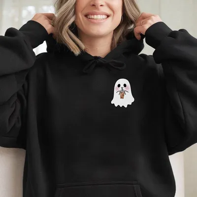 Halloween Pocket Size Ghost Hoodie Little Ghost Coffee Hoodie Ghost Pocket Hoodie Spooky Season Cute Ghost Drinking Coffee