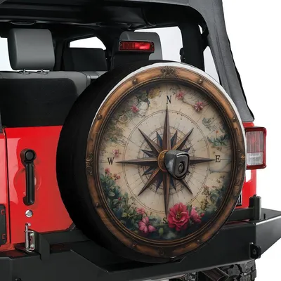 Spare Tire Cover Compass Classic Wooden Antique Vibe Flowers Gift For Off-Road Lovers Spare Tire Cover