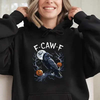F Caw F Raven Hoodie Funny Crow With Halloween Pumpkins And Moon Graphic Dark Humor Gothic Cozy Fall