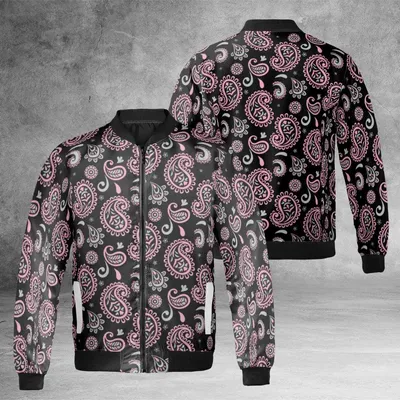 Black And Pink Paisley Windproof Bomber Jacket, A Dark Romantic Streetwear Piece For The Modern Woman Bomber Jacket