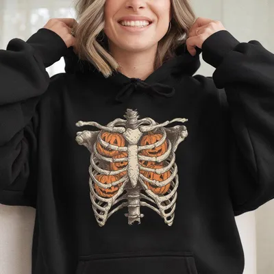 Skeleton Pumpkin Rib Cage Hoodie For Women,Spooky Halloween Hoodie,Vintage Fall Graphic Hoodie,Jack O Lantern Bones