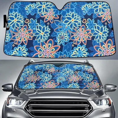 Blue Color Tropical Flowers Cartoon Drawing Style White Car Sun Shades Auto Windshield PrintSyde