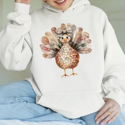 Colorful Coquette Turkey Hoodie Glitter Bow Cotton Women  Thanksgiving Fall Style Cute Girly Autumn Gift