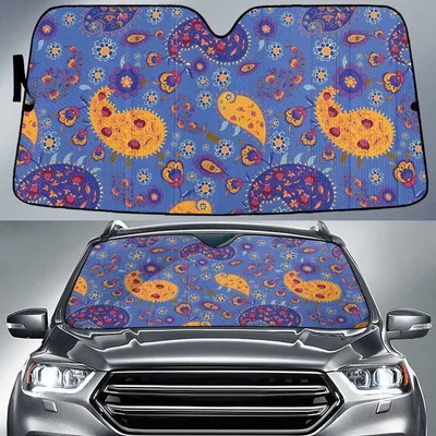 Chromatic Tropical Flowers Paisley Texture Blue Theme Car Sun Shades Cover Auto Windshield PrintSyde