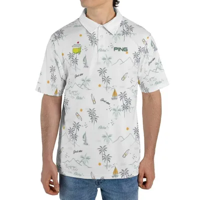 Aloha Good Vibes Polo Polo Shirt, Tropical Palm Tree Sailboat Print, Summer Vacation Golf Polo For Men
