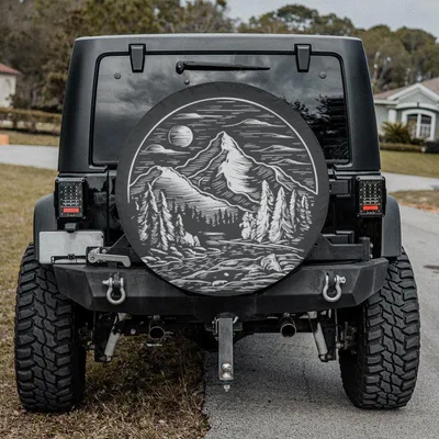 Black And White Mountain Landscape Spare Tire Cover, Vintage Woodcut Wilderness Design Spare Tire Cover