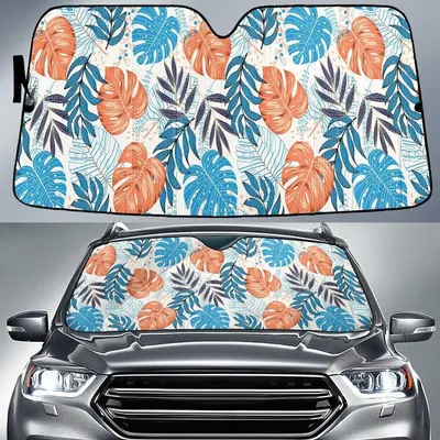 Orange And Blue Monstera Leaf White Summer Vibe Car Sun Shades Cover Auto Windshield PrintSyde