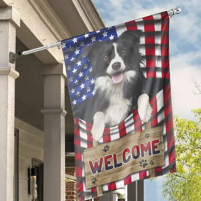 Border Collie Dog Welcome 4th Of July American House Flag Vertical House Flag