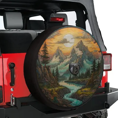 Detailed Mountain River Spare Tire Cover, Majestic Sunset Landscape Protector, Nature Adventure Pine Forest Design, Universal Vehicle Spare Tire Cover