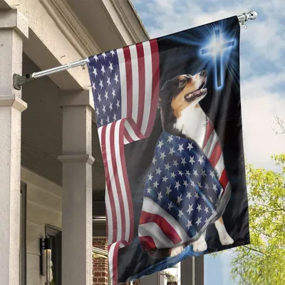 Australian Shepherd Dog Standing Under Cross, Gift For Dog Lover, House Flag Vertical House Flag