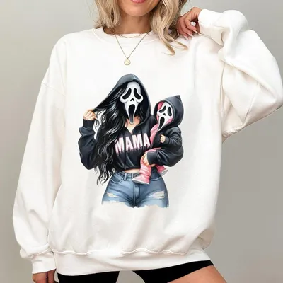 Cute Halloween Sweatshirt Mom Baby In Ghost Mask With Spooky Mama Print Cozy Fall Sweatshirt For Family Matching