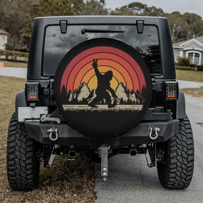Bigfoot Peace Sign Tire Cover, Retro Mountain Sunset Sasquatch Design, Funny Camper Off-Road Spare Tire Cover Spare Tire Cover