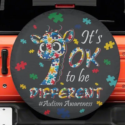 Autism Awareness Spare Tire Cover - It'S Ok To Be Different Giraffe Puzzle Art, Colorful Inspirational Graphic, Universal Waterproof Tire Protector Spare Tire Cover