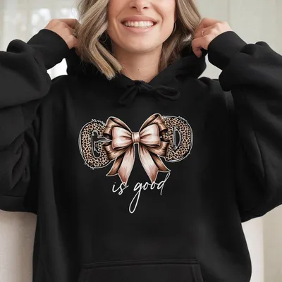 Savannah God Is Good Hoodie With Leopard Print Letters And Bow Christian Faith Graphic