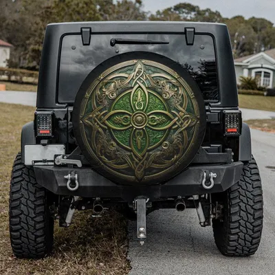 Celtic Shield Knot Spare Tire Cover, Medieval Green And Gold Design, Irish Heritage Style, Waterproof Uv Protection Wheel Cover, Universal Fit Spare Tire Cover