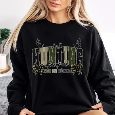 Hello Hunting Season Goodbye Husband Sweatshirt Camo Coquette Bow Sweatshirt Hunting Camo Dude Girls Camo Bow Sweatshirt