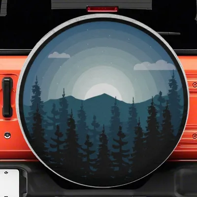 Night Mountain Landscape Spare Tire Cover, Pine Tree Forest Silhouette, Outdoor Camping Vibe, Universal Fit Suv Rv Campers Spare Tire Cover
