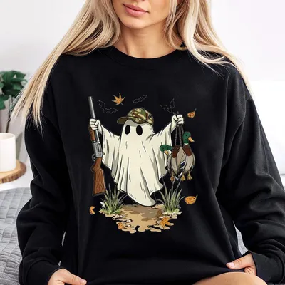 Retro Camouflage Duck Hunting Season Halloween Sweatshirt Hunter Halloween Sweatshirt Camo Ghost Halloween Boys Sweatshirt