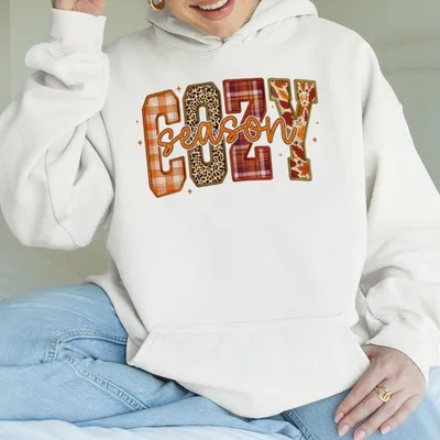 Cozy Season Hoodie Bold Letter Print With Plaid Leopard And Floral Patterns Perfect Fall And Winter Theme Casual