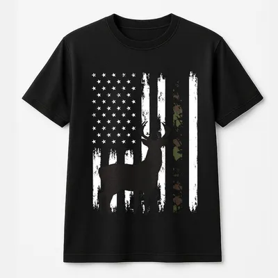 Whitetail Deer Hunting T-Shirt, Printed On Back, Hunter Buck Camo American Flag Usa T-Shirt, Outdoor Sportsman T-Shirt, Men'S T-Shirt, Patriotic Hunting Apparel