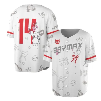 Baymax Baseball Jersey, Cute White Cartoon Baseball Jersey, Cherry Blossom Big Hero 6 Outfit, Anime Gift For Fans