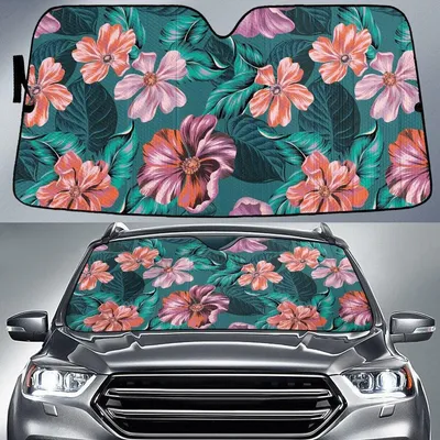 Dry Orang And Pink Chinese Hibiscus Flower Green Leaf Pattern Car Sun Shades Cover Auto Windshield PrintSyde