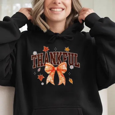 Thankful Coquette Fall Autumn Pumpkin Vibes Hoodie Thanksgiving Retro Fall Bow Pumpkin Spice Hoodie