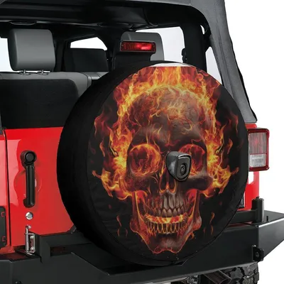 Spare Tire Flaming Skull Wheel Cover With Backup Camera Hole Option, Camping Gift Spare Tire Cover