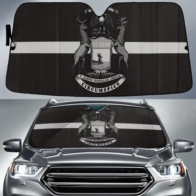 Michigan Flag Thin Grey Line Printed Car Sun Shades Cover Auto Windshield PrintSyde