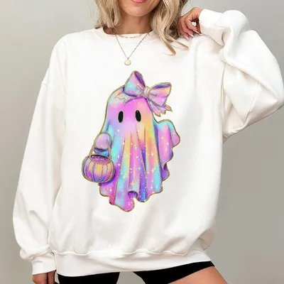 Halloween Neon Ghost Sweatshirt Trendy Neon Spooky Vibes Sweatshirt Cute Boo Ghost Coquette Sweatshirt Colorful Halloween Sweatshirt Spook