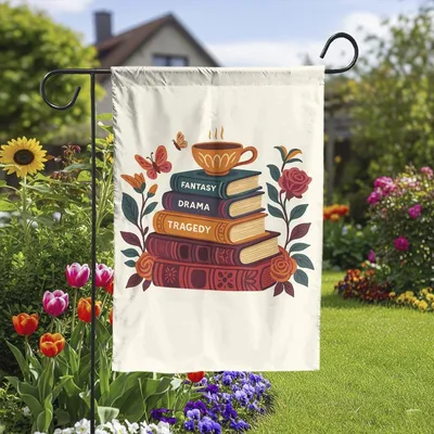 Vertical Garden - Book Lover’S Garden Flag, Cozy Reading Stack With Flowers & Tea Cup Vertical Garden Flag