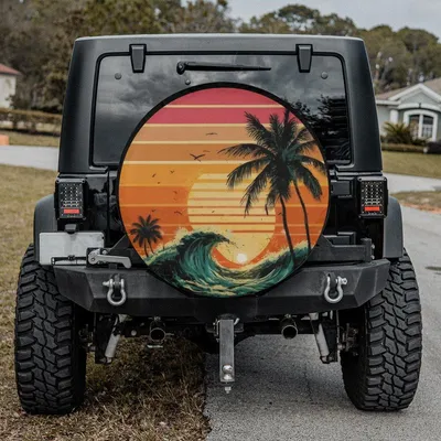 Retro Wave Palm Tree Spare Tire Cover, Ocean Sunset Wheel Protector, Tropical Surfer Car Accessories, Beach Vacation Gift Spare Tire Cover