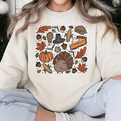 Retro Womens Thanksgiving Sweatshirt, Thanksgiving Doodles Sweatshirt, Thankful Sweatshirt,Thanksgiving Outfits Sweatshirt