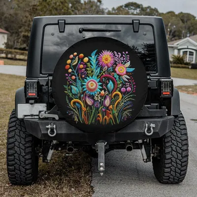 Colorful Stylized Flower Bouquet Spare Tire Cover - Vibrant Boho Nature Art, Folk Art Floral Graphic, Universal Waterproof Tire Protector Spare Tire Cover