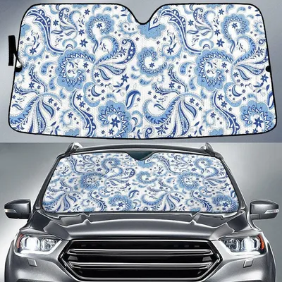 Tone Of Blue Mirrored Flowers Abstract Pattern White Car Sun Shades Cover Auto Windshield PrintSyde