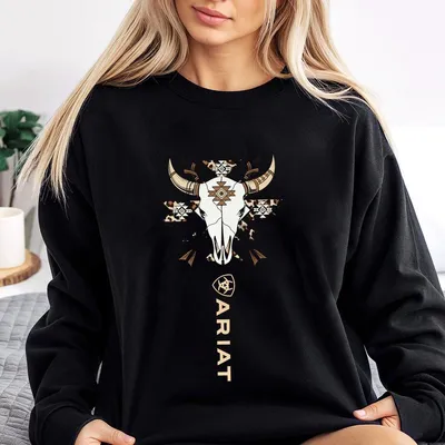 Ariat Men'S & Women'S Sweatshirt Tribal Skull & Arrow Graphic On Black Unisex Short Sleeve Relaxed Fit Cotton Sweatshirt
