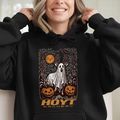 Unisex Hoyt Archery Hoodie, Deer Ghost Pumpkin Graphic Hoodie, Halloween Spooky Hunting Event Hoodie
