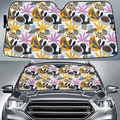Colorful Fan Palm Leaves Cartoon Drawing Style Car Sun Shades Cover Auto Windshield PrintSyde
