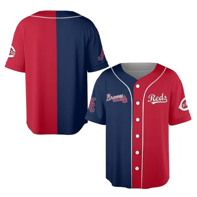 Braves Vs Reds Split Baseball Jersey, Mlb Inspired Fan Baseball Jersey, Red And Navy Jersey, Retro Sports Streetwear