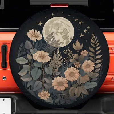 Boho Spare Tire Cover, Full Moon And Orange Flowers, Floral Night Garden Art, Bohemian Car Accessories For Women, Backup Camera Hole Option Spare Tire Cover