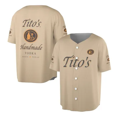 Tito’S Vodka Polo Baseball Jersey, Handmade Austin Texas Branding, Dog Logo Design, Beige Background, Craft Spirits Style