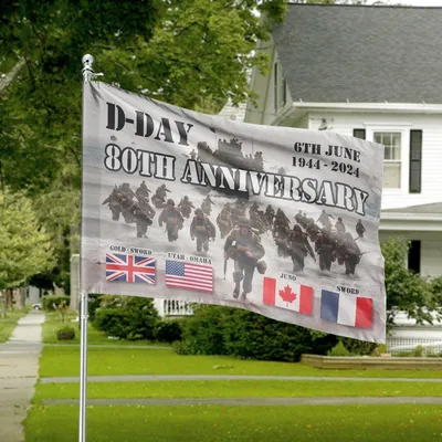 D-Day 80th Anniversary House Flag, 6th June 1944–2024 Commemoration, Allied Flags And Beach Landing Tribute Banner Horizontal House Flag