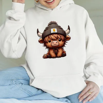 Highland Cow Hoodie Cute Cow Design Green Western Casual Tops For Men And Women