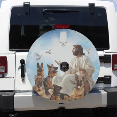 Jesus Surrounded By German Shepherd Spare Tire Cover With Or Without Backup Camera Hole, German Shepherd Tire Cover, German Shepherd Spare Tire Cover, Jesus Christ Tir Spare Tire Cover