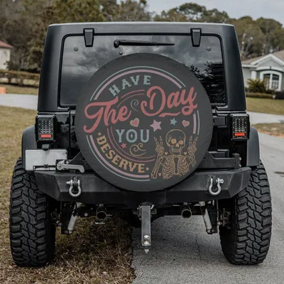 Have The Day You Deserve Spare Tire Cover, Peace Sign Skeleton Quote Graphic, Positive Vibe Wheel Protector, Retro Grunge Accessory Spare Tire Cover